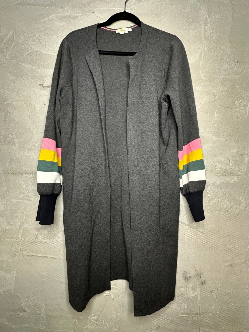 Boden Long Open Front Cardigan Gray Rainbow Striped Sleeves Size 14 🌈